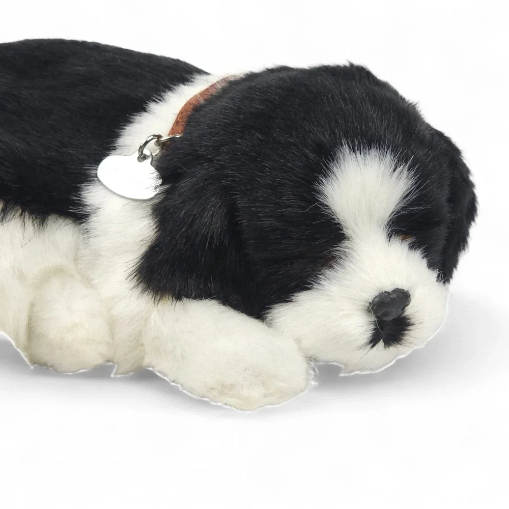 Perfect Petzzz Border Collie Breathing Puppy Sleeping Plush Toy Black White Dog